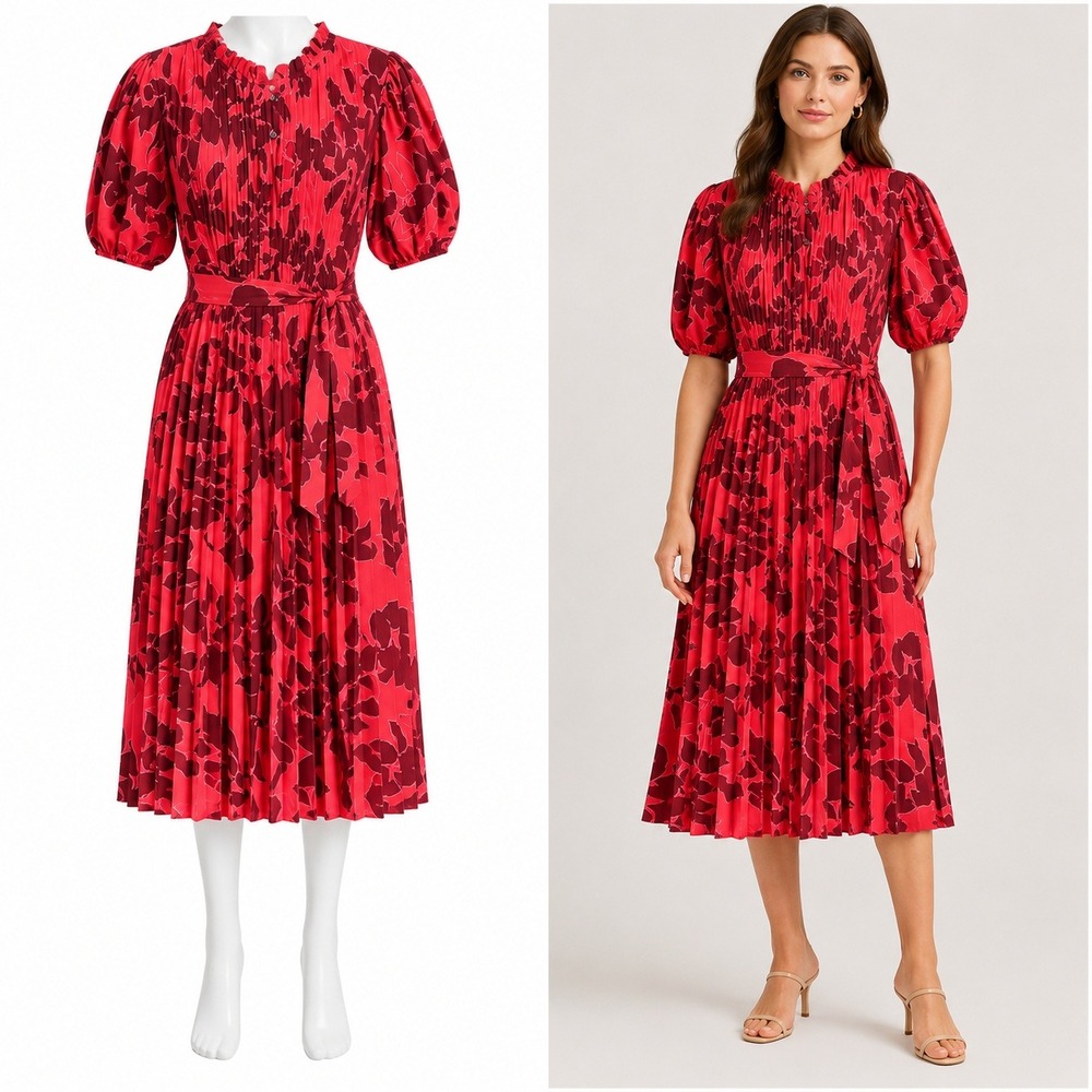Nanette Lepore Midi Dress Womens 6 Red Floral Pleated Belted Puff Sleeve Ruffle